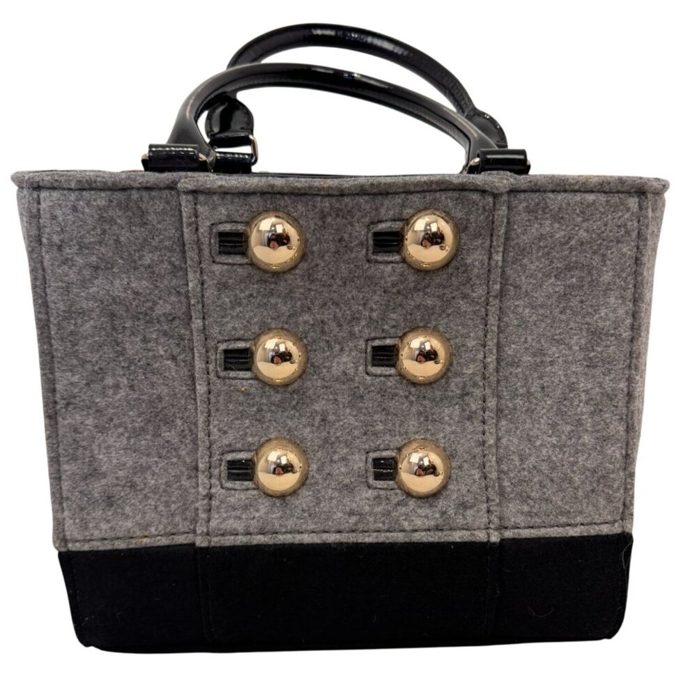 NWOT Kate Spade Black & Gray Wool Blend Tote Bag Gold Button Polka Dot Interior